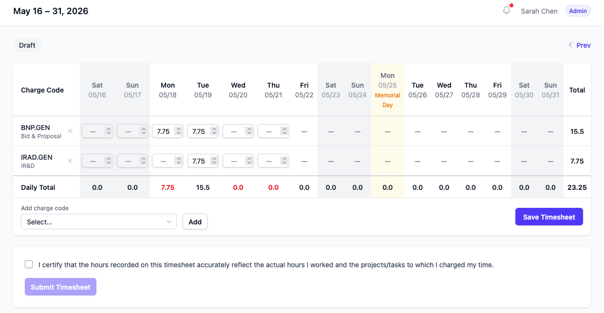 TimeCaptain timesheet entry